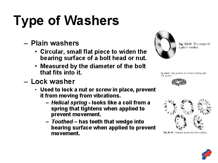 Type of Washers – Plain washers • Circular, small flat piece to widen the