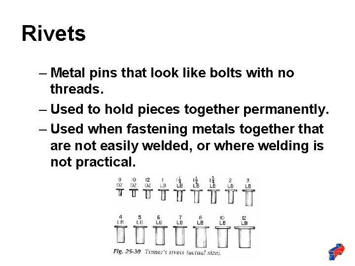 Rivets – Metal pins that look like bolts with no threads. – Used to