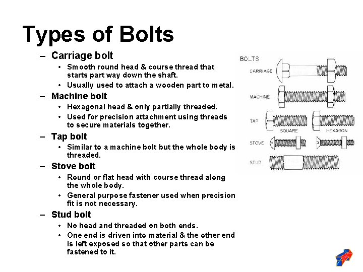 Types of Bolts – Carriage bolt • Smooth round head & course thread that