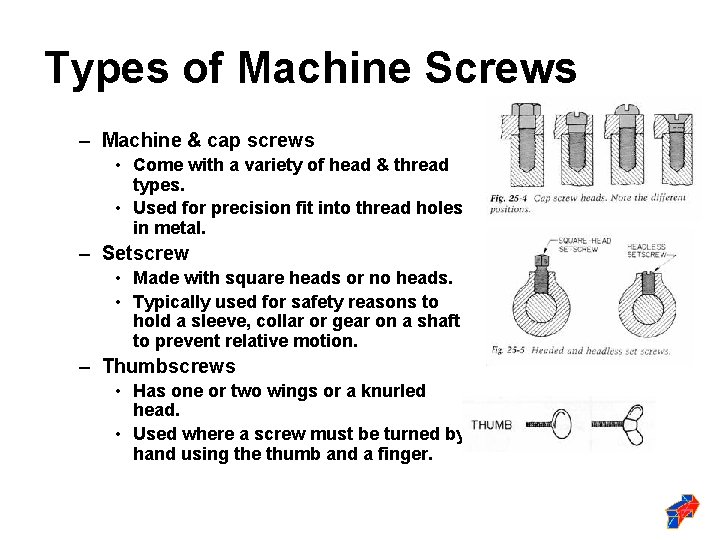 Types of Machine Screws – Machine & cap screws • Come with a variety