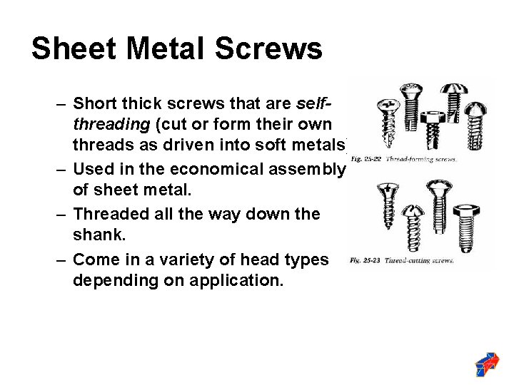 Sheet Metal Screws – Short thick screws that are selfthreading (cut or form their