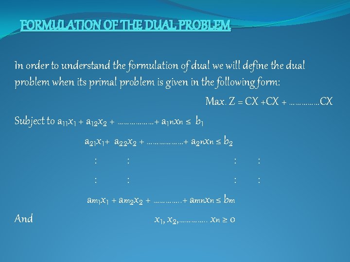 FORMULATION OF THE DUAL PROBLEM In order to understand the formulation of dual we