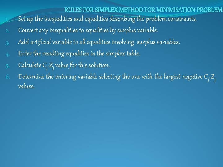 1. 2. 3. 4. 5. 6. RULES FOR SIMPLEX METHOD FOR MINIMISATION PROBLEM Set