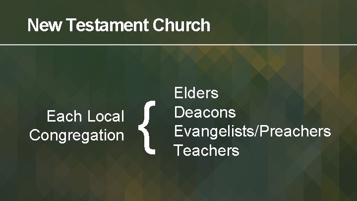 New Testament Church Each Local Congregation { Elders Deacons Evangelists/Preachers Teachers 