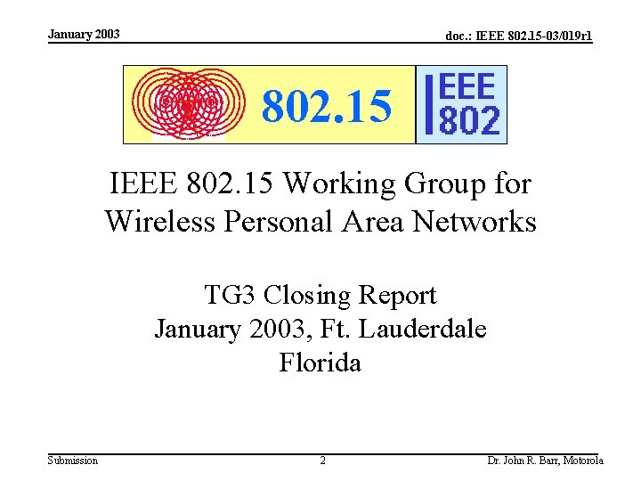 January 2003 doc. : IEEE 802. 15 -03/019 r 1 802. 15 IEEE 802.