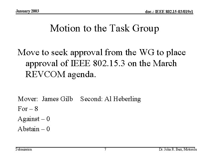 January 2003 doc. : IEEE 802. 15 -03/019 r 1 Motion to the Task