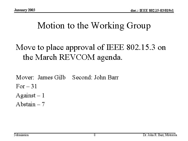 January 2003 doc. : IEEE 802. 15 -03/019 r 1 Motion to the Working