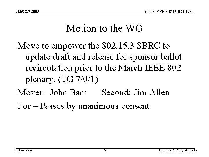 January 2003 doc. : IEEE 802. 15 -03/019 r 1 Motion to the WG