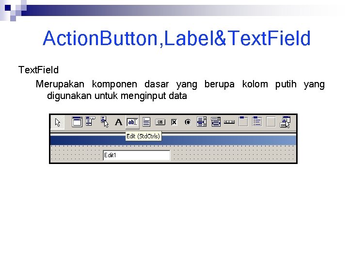 Action. Button, Label&Text. Field Merupakan komponen dasar yang berupa kolom putih yang digunakan untuk