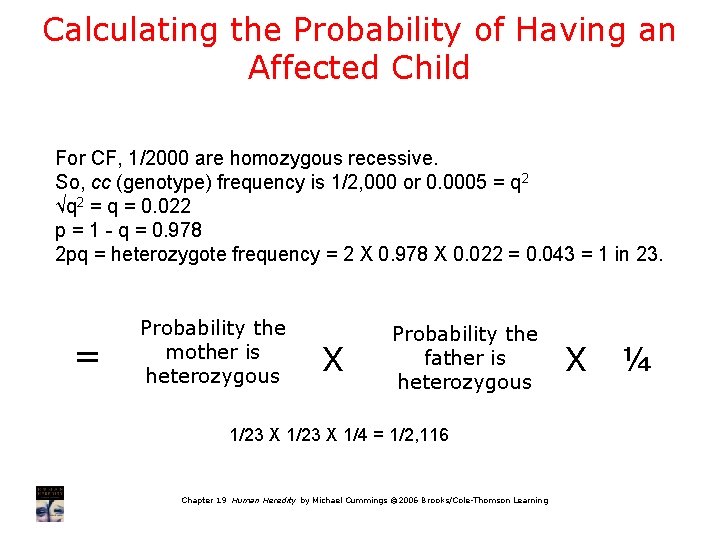 Calculating the Probability of Having an Affected Child For CF, 1/2000 are homozygous recessive.