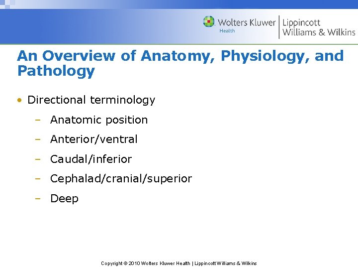 An Overview of Anatomy, Physiology, and Pathology • Directional terminology – Anatomic position –