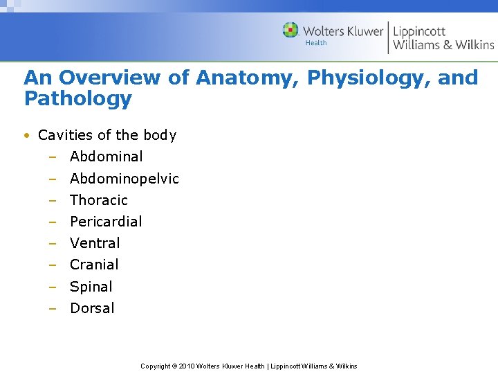 An Overview of Anatomy, Physiology, and Pathology • Cavities of the body – Abdominal