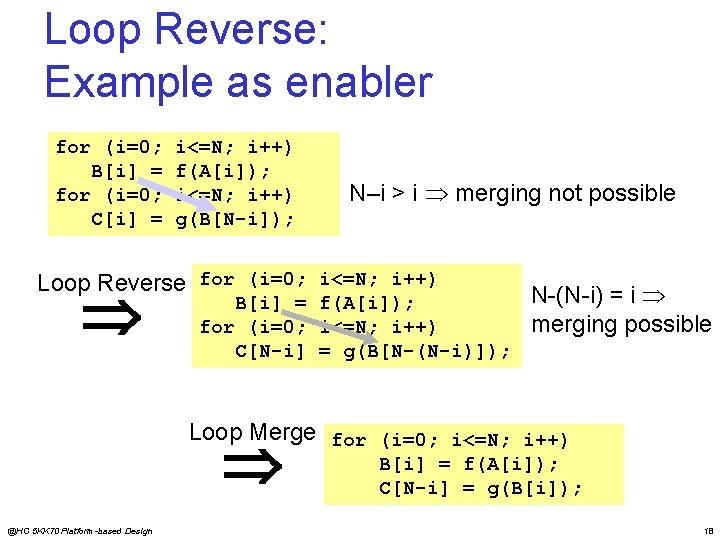 Loop Reverse: Example as enabler for (i=0; B[i] = for (i=0; C[i] = i<=N;