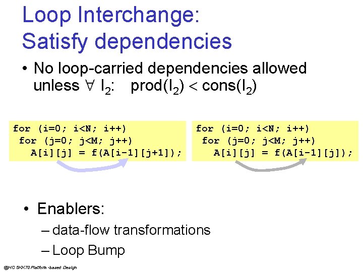 Loop Interchange: Satisfy dependencies • No loop-carried dependencies allowed unless I 2: prod(I 2)