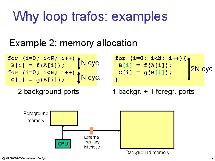 Why loop trafos: examples Example 2: memory allocation for (i=0; i<N; i++) B[i] =