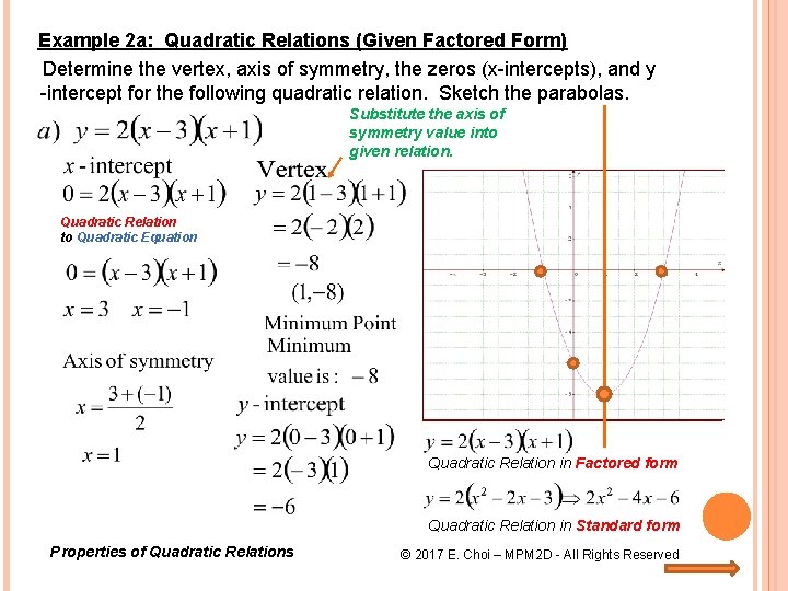 Example 2 a: Quadratic Relations (Given Factored Form) Determine the vertex, axis of symmetry,