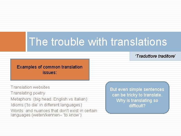 The trouble with translations ‘Traduttore traditore’ Examples of common translation issues: Translation websites Translating