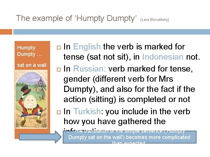 The example of ‘Humpty Dumpty’ Humpty Dumpty … sat on a wall (Lera Boroditsky)