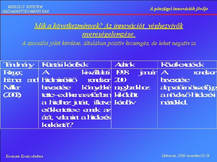 MISKOLCI EGYETEM GAZDASÁGTUDOMÁNYI KAR A pénzügyi innovációk jövője Mik a következmények? Az innovációt véghezvivők