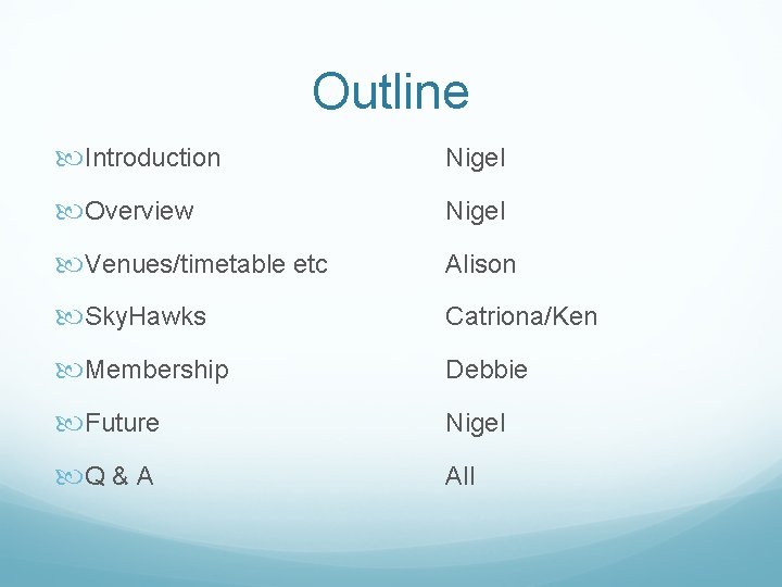 Outline Introduction Nigel Overview Nigel Venues/timetable etc Alison Sky. Hawks Catriona/Ken Membership Debbie Future