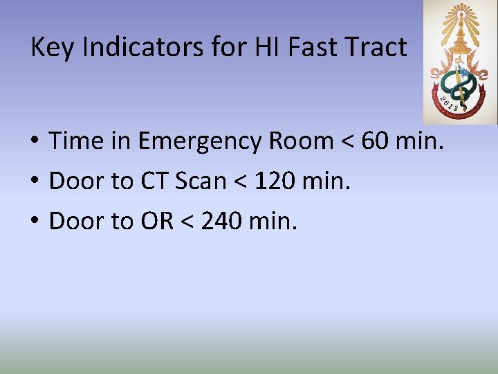 Key Indicators for HI Fast Tract • Time in Emergency Room < 60 min.