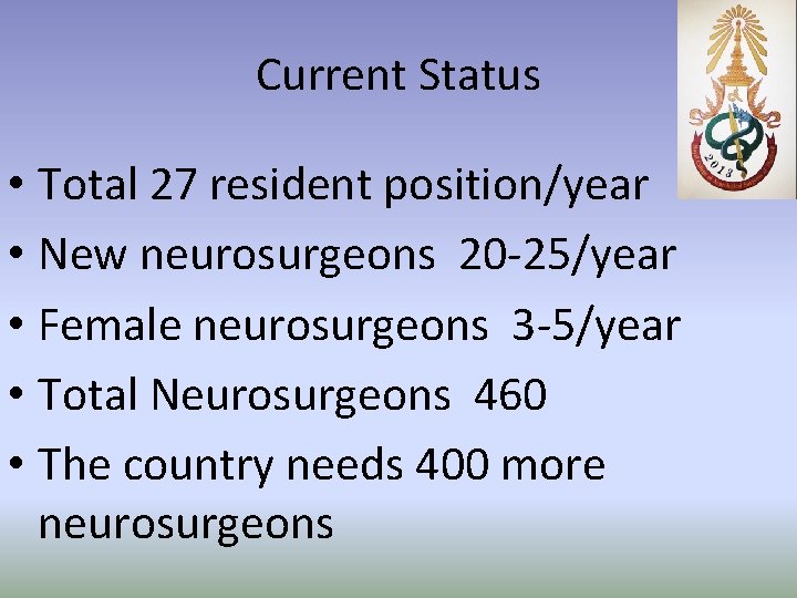 Current Status • Total 27 resident position/year • New neurosurgeons 20 -25/year • Female