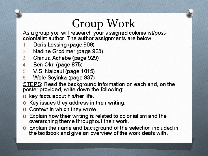 Group Work As a group you will research your assigned colonialist/postcolonialist author. The author Group Work As a group you will research your assigned colonialist/postcolonialist author. The author