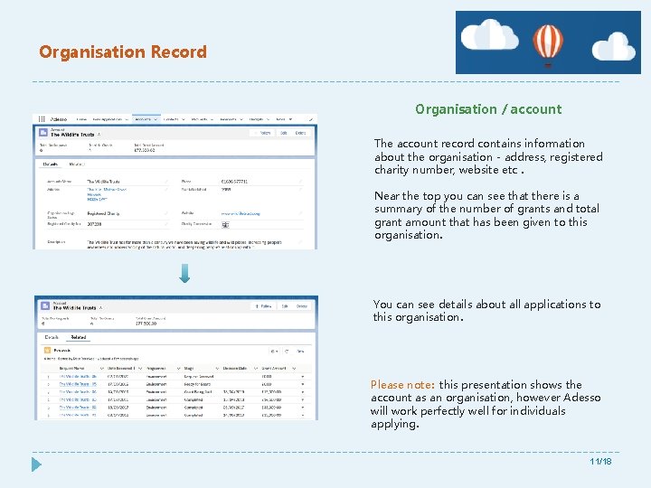 Organisation Record Organisation / account The account record contains information about the organisation -