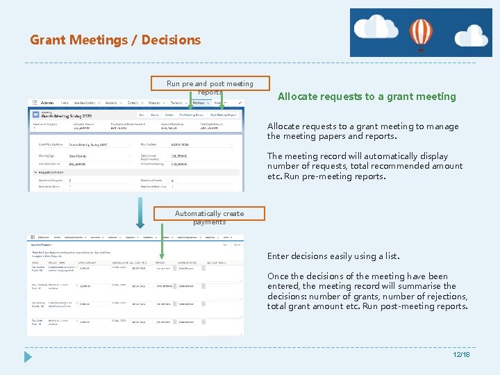 Grant Meetings / Decisions Run pre and post meeting reports Allocate requests to a