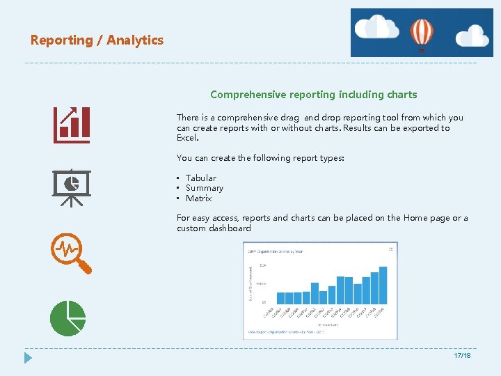 Reporting / Analytics Comprehensive reporting including charts There is a comprehensive drag and drop