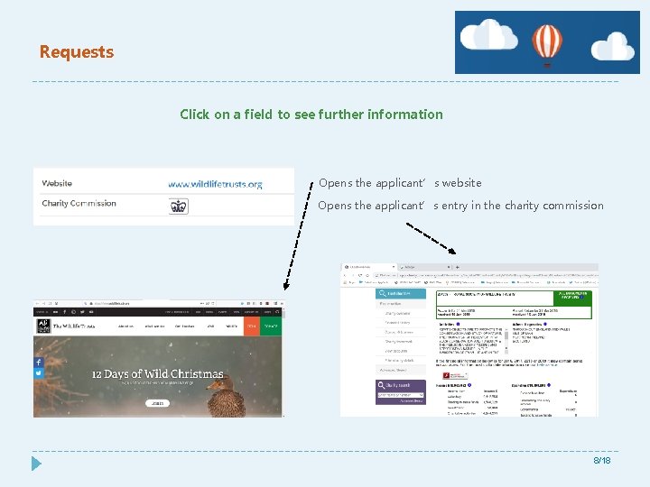 Requests Click on a field to see further information Opens the applicant’s website Opens