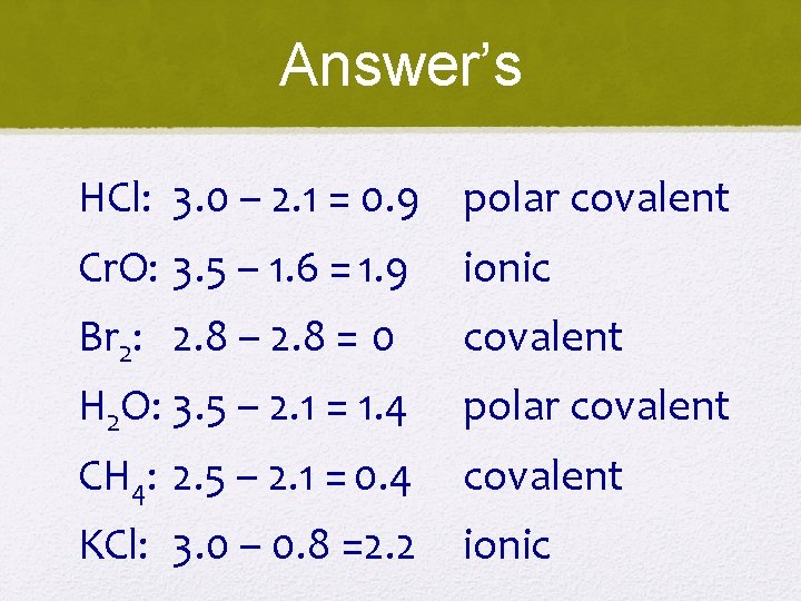 Answer’s HCl: 3. 0 – 2. 1 = 0. 9 polar covalent Cr. O: