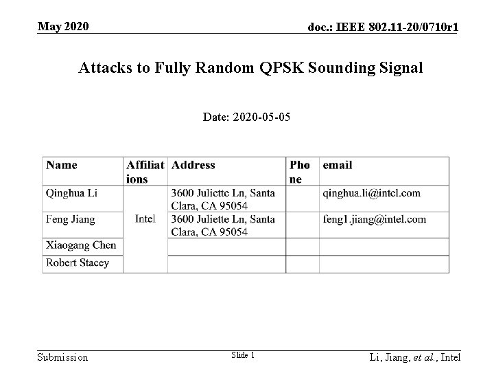 May 2020 doc. : IEEE 802. 11 -20/0710 r 1 Attacks to Fully Random May 2020 doc. : IEEE 802. 11 -20/0710 r 1 Attacks to Fully Random