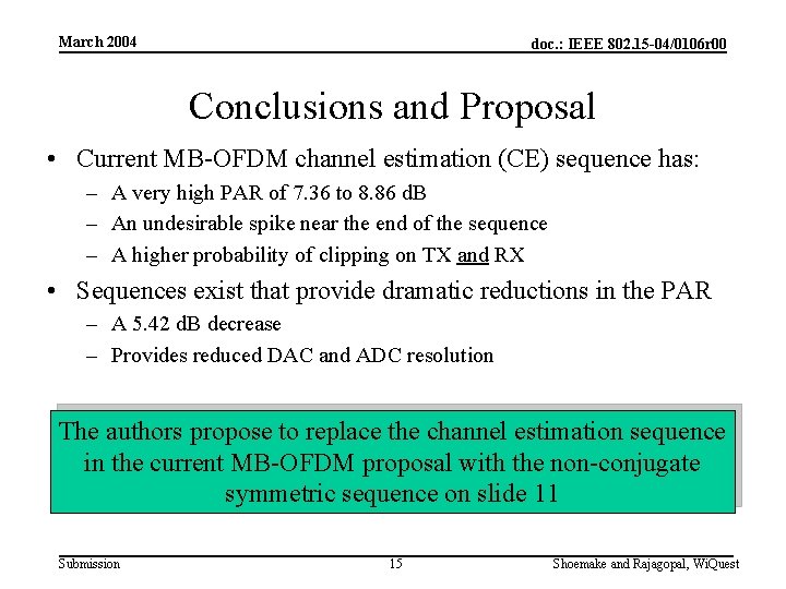 March 2004 doc. : IEEE 802. 15 -04/0106 r 00 Conclusions and Proposal •