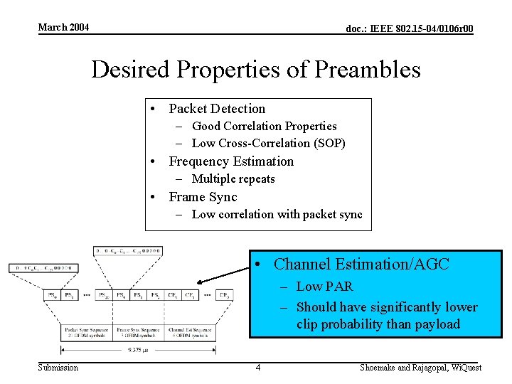 March 2004 doc. : IEEE 802. 15 -04/0106 r 00 Desired Properties of Preambles