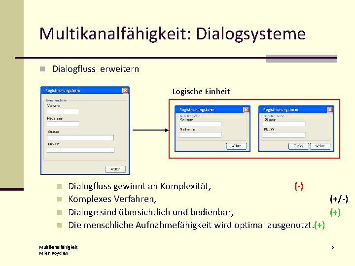 Multikanalfähigkeit: Dialogsysteme n Dialogfluss erweitern Logische Einheit n n Dialogfluss gewinnt an Komplexität, (-)
