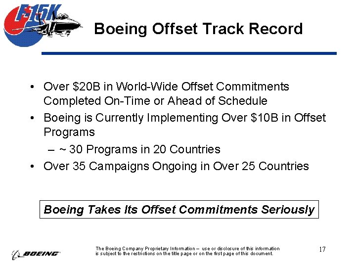 Boeing Offset Track Record • Over $20 B in World-Wide Offset Commitments Completed On-Time