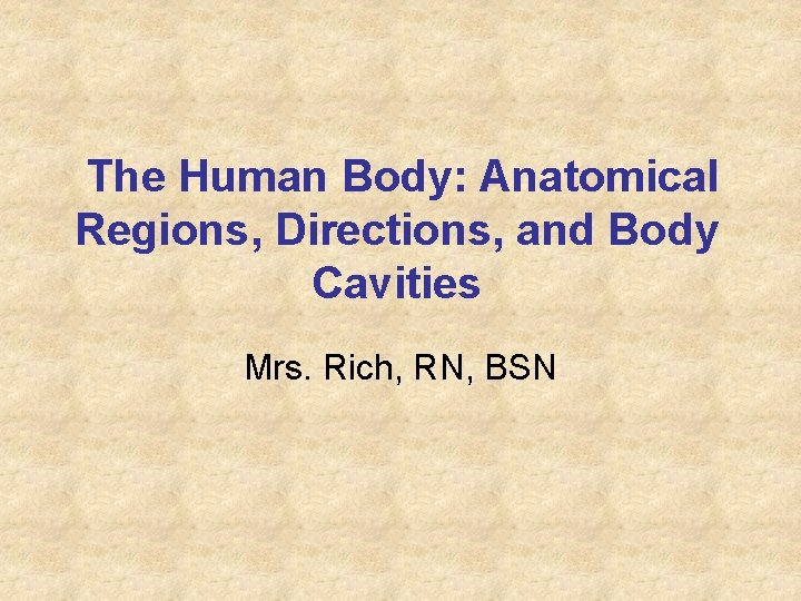 The Human Body: Anatomical Regions, Directions, and Body Cavities Mrs. Rich, RN, BSN 