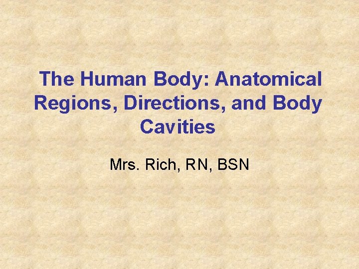 The Human Body: Anatomical Regions, Directions, and Body Cavities Mrs. Rich, RN, BSN 