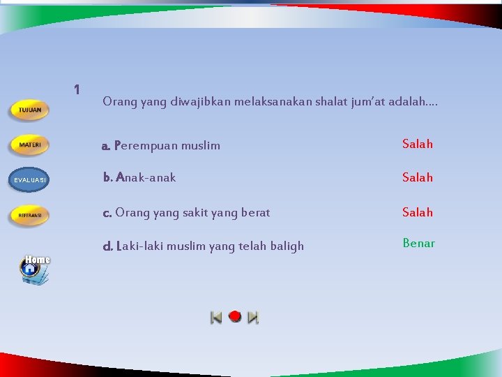 1 EVALUASI Orang yang diwajibkan melaksanakan shalat jum’at adalah…. a. Perempuan muslim Salah b.