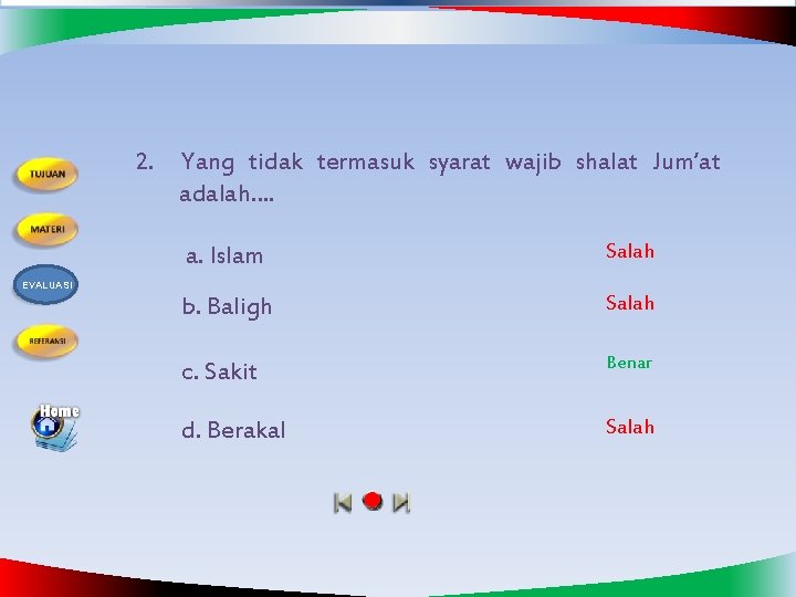 2. Yang tidak termasuk syarat wajib shalat Jum’at adalah…. a. Islam Salah b. Baligh