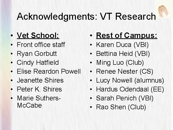Acknowledgments: VT Research • Vet School: • Rest of Campus: • • • •
