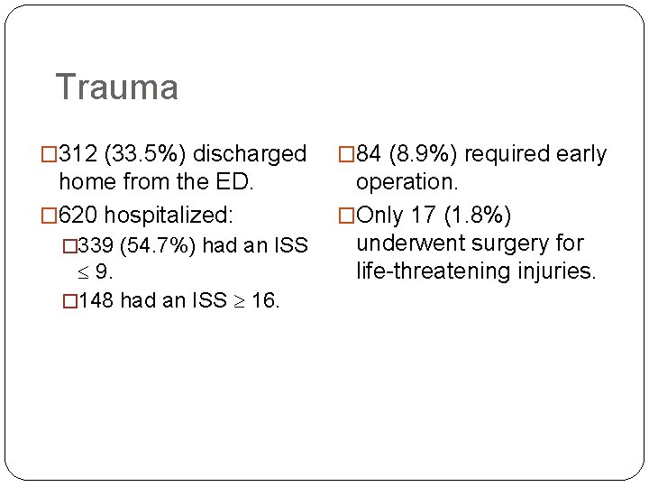 Trauma � 312 (33. 5%) discharged � 84 (8. 9%) required early home from