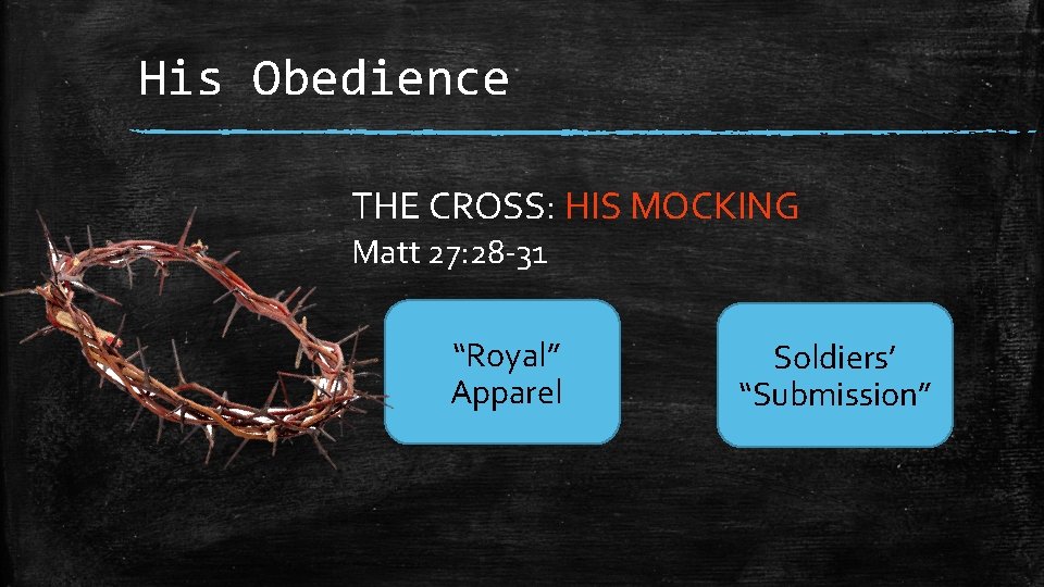 His Obedience THE CROSS: HIS MOCKING Matt 27: 28 -31 “Royal” Apparel Soldiers’ “Submission”