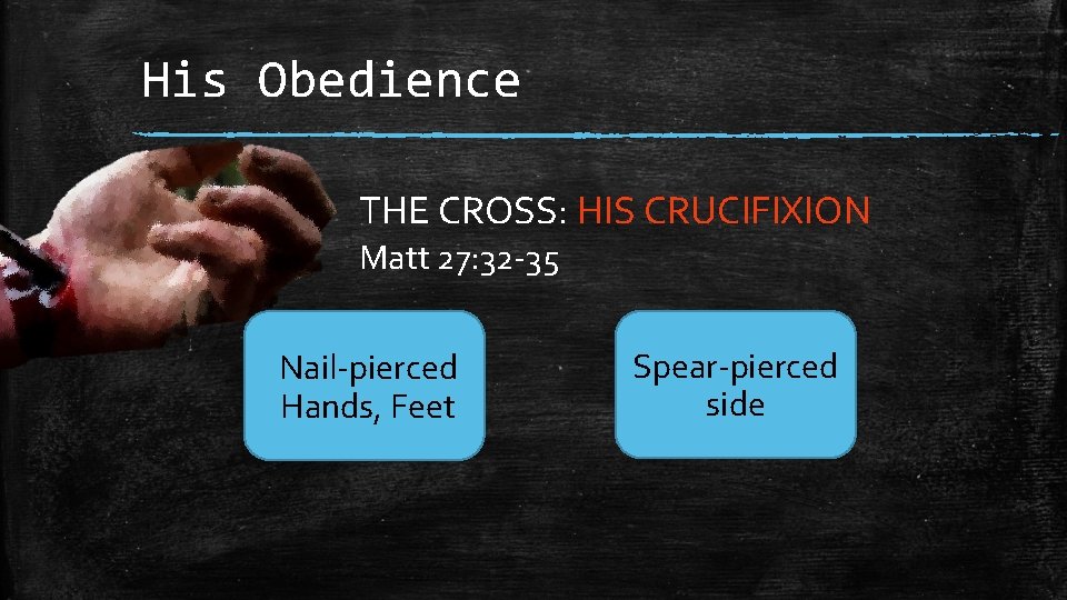 His Obedience THE CROSS: HIS CRUCIFIXION Matt 27: 32 -35 Nail-pierced Hands, Feet Spear-pierced