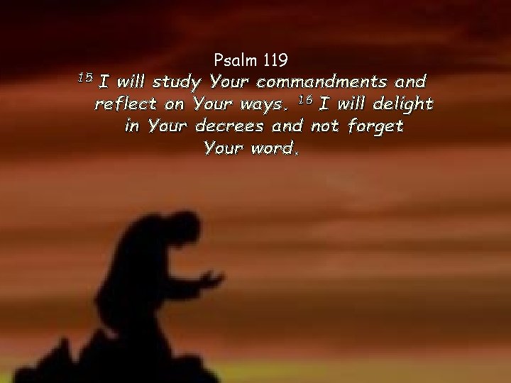 15 Psalm 119 I will study Your commandments and reflect on Your ways. 16 15 Psalm 119 I will study Your commandments and reflect on Your ways. 16