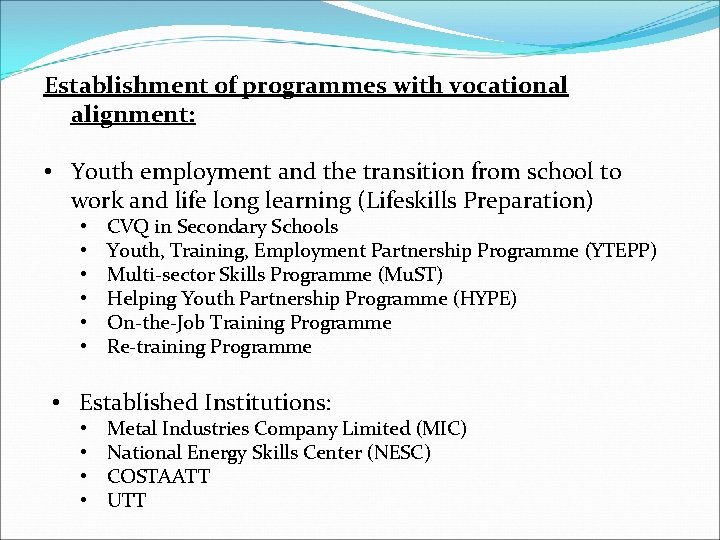 Establishment of programmes with vocational alignment: • Youth employment and the transition from school Establishment of programmes with vocational alignment: • Youth employment and the transition from school