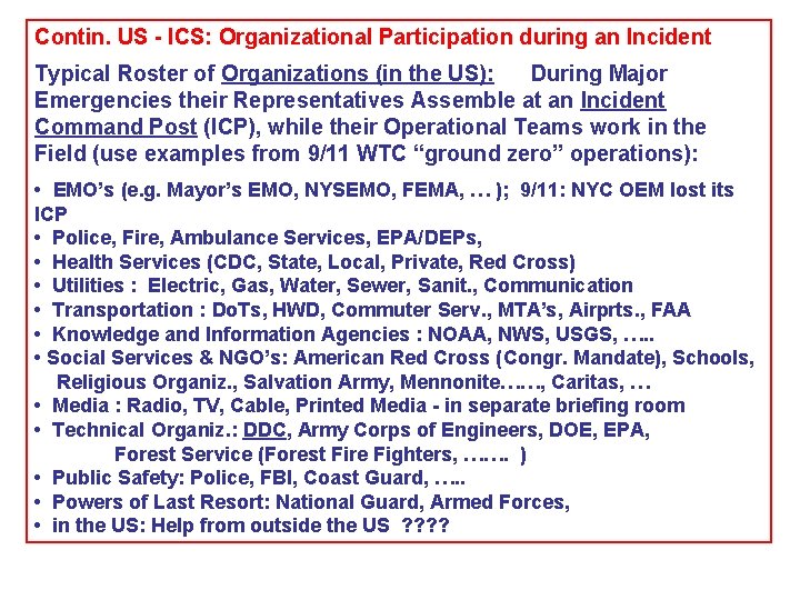 Contin. US - ICS: Organizational Participation during an Incident Typical Roster of Organizations (in