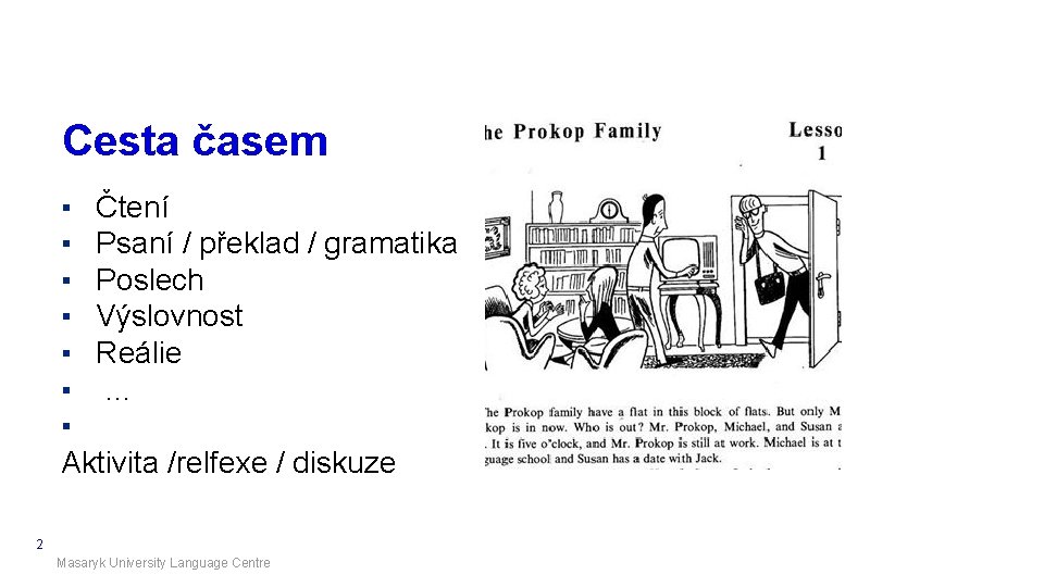 Cesta časem ▪ Čtení ▪ Psaní / překlad / gramatika ▪ Poslech ▪ Výslovnost