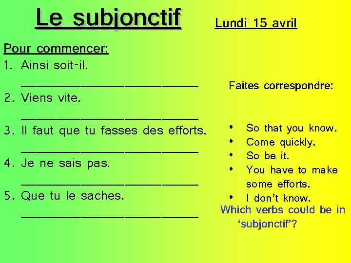 Le subjonctif Lundi 15 avril Pour commencer: 1. Ainsi soit-il. ____________ Faites correspondre: 2.